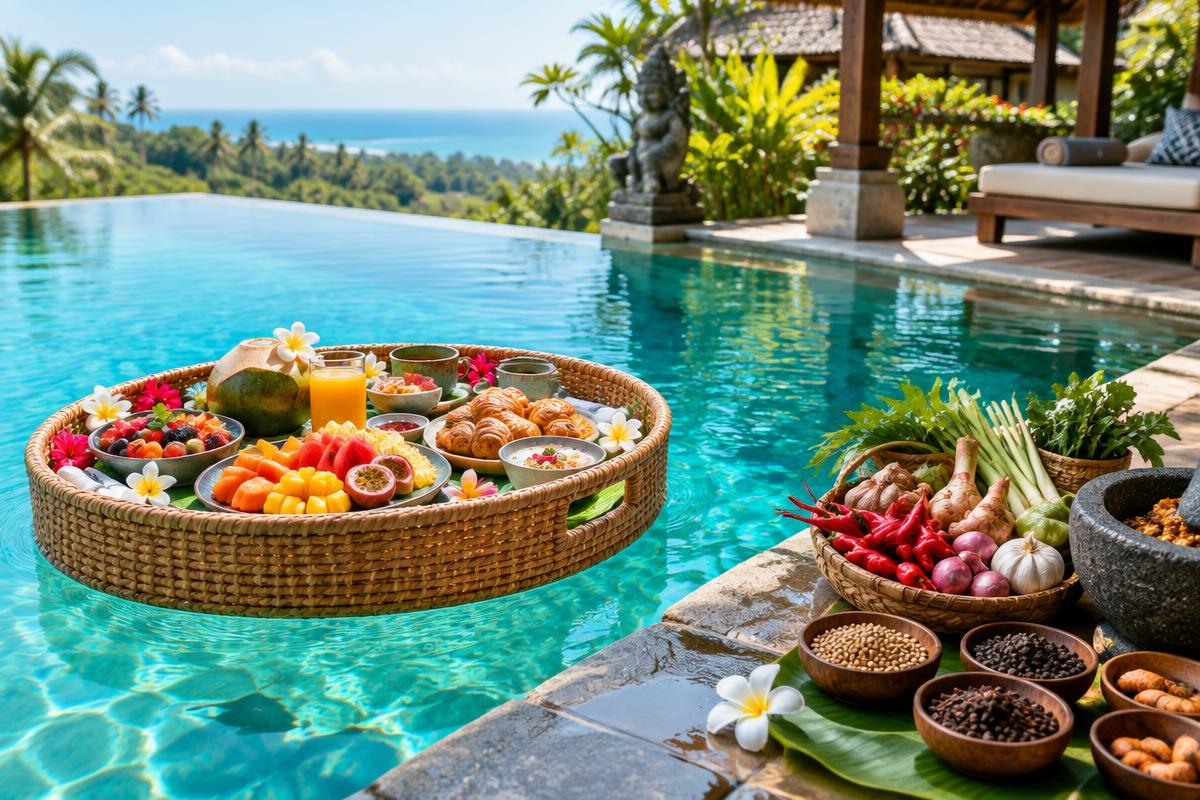 A floating breakfast tray in a tropical pool beside fresh Balinese ingredients
