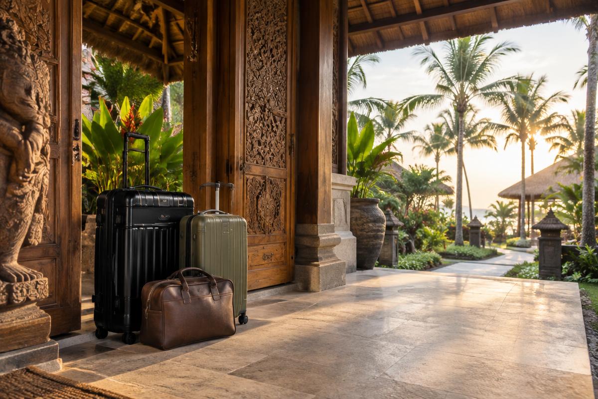 Departure morning in Bali with luggage ready at a tropical resort entrance