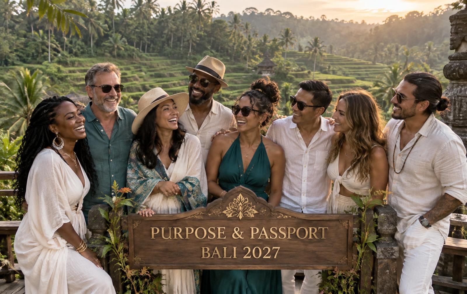 Purpose & Passport™ Bali 2027 campaign artwork: a joyful multicultural group of adult travelers above Ubud rice terraces