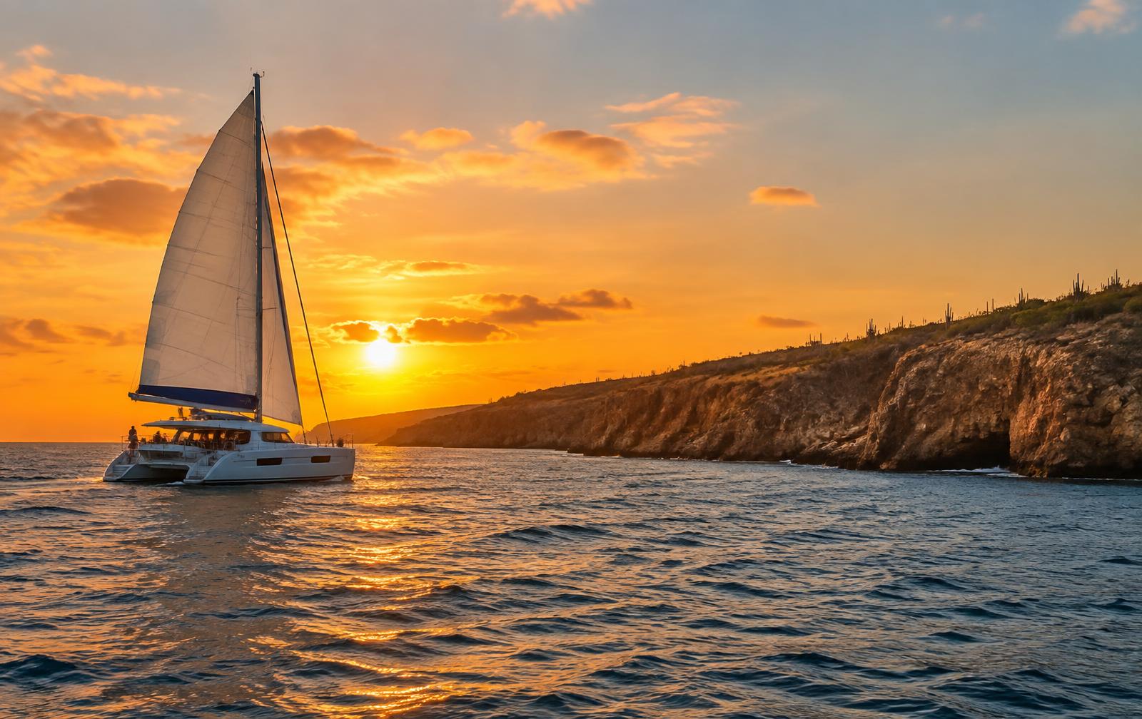 A catamaran sailing at sunset along Curaçao's cactus-dotted coastline