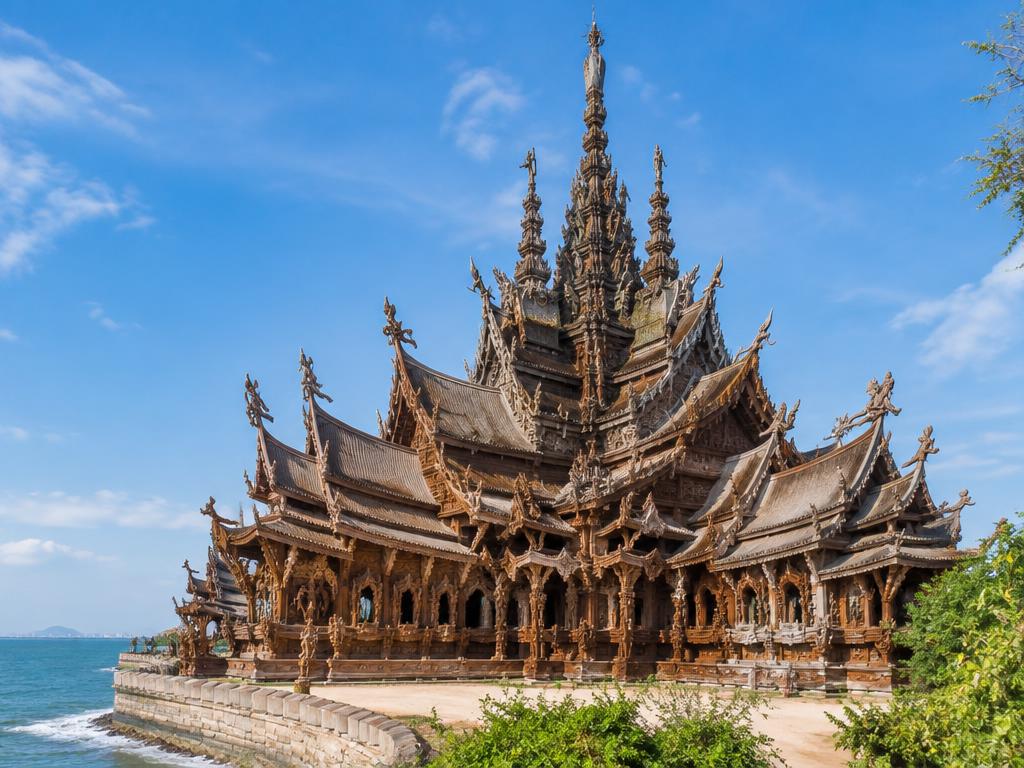 Carved all-teak seaside temple monument in Thailand