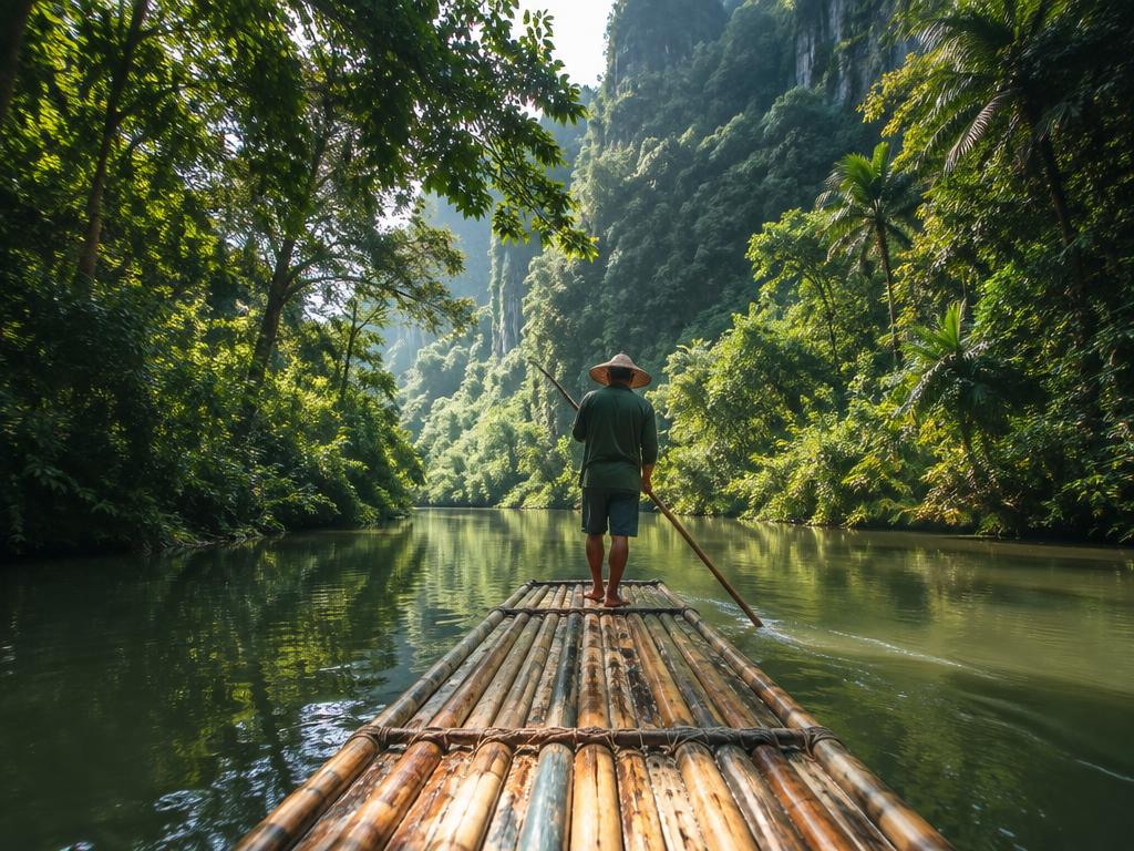 Bamboo raft on a calm jungle river in Phang Nga