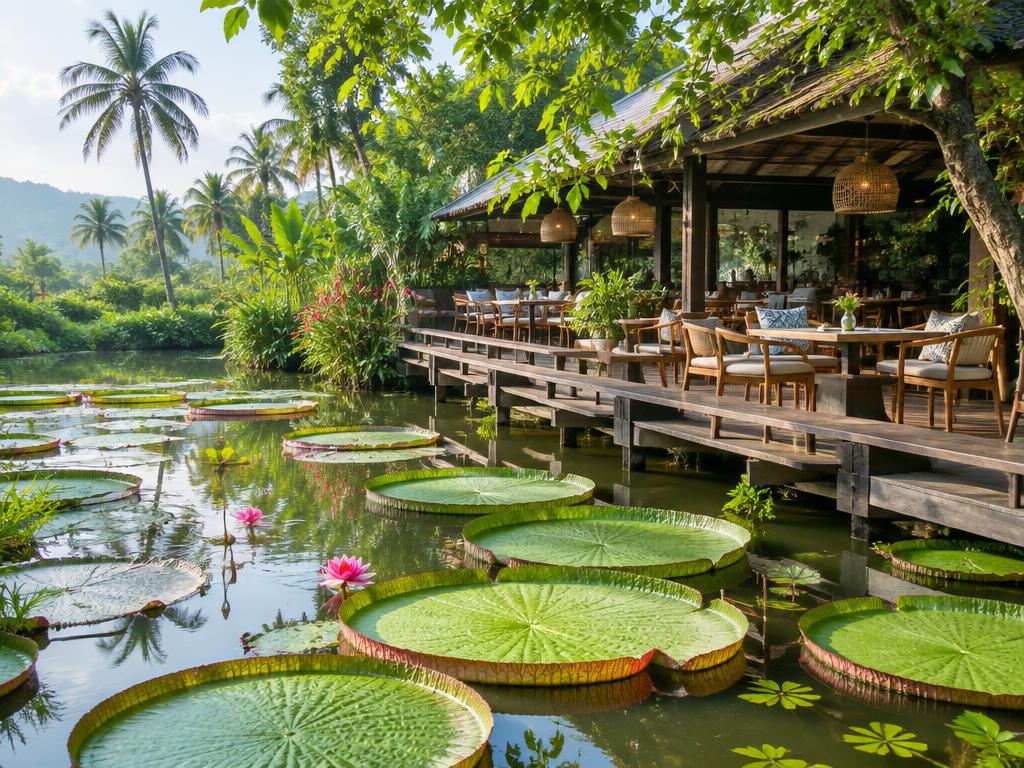 Pond of giant lotus lily pads beside a tropical garden cafe terrace