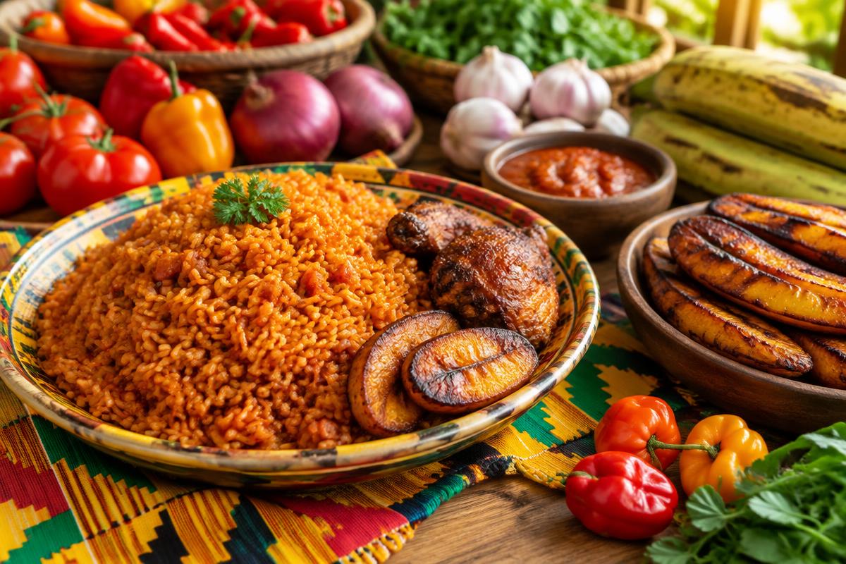 Ghanaian dishes and fresh local ingredients laid out for a cooking class