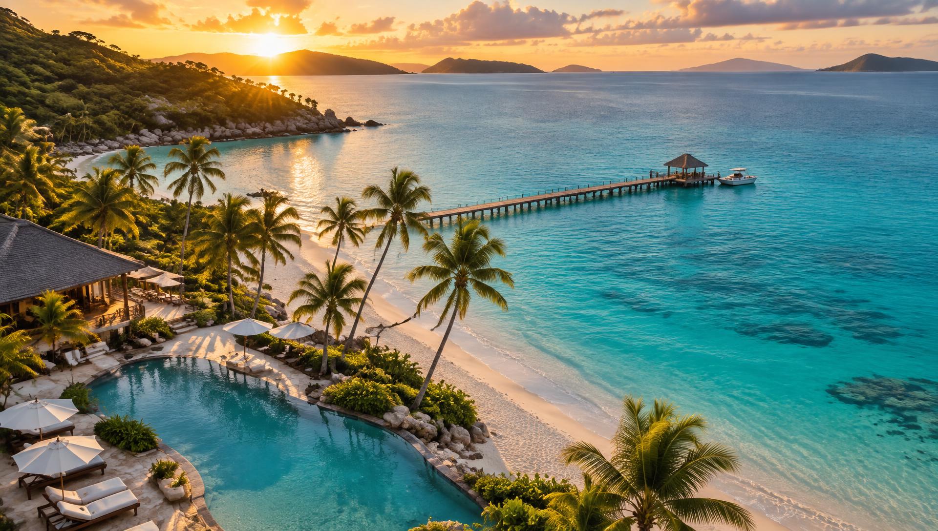Turquoise bay with palm trees and a pier at golden hour