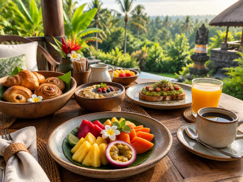 Tropical breakfast spread on a Balinese resort terrace overlooking greenery