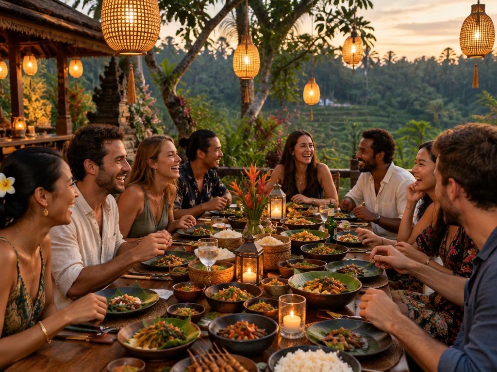 Farewell group dinner with Balinese dishes at a candlelit table in Ubud