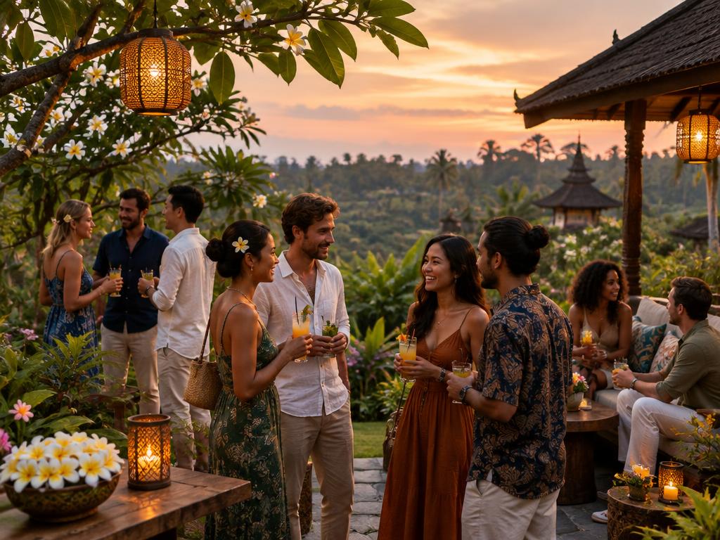 Welcome mixer with adult travelers gathering on a lantern-lit Ubud terrace
