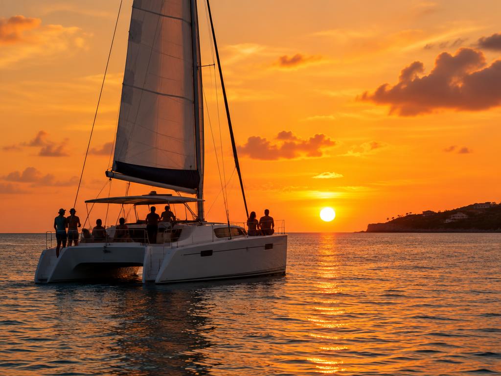 Catamaran sailing off Curaçao at sunset with travelers on deck