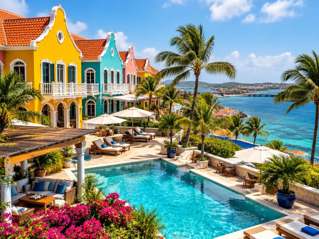 Premium Curaçao accommodations with a pool and colorful Dutch-Caribbean architecture