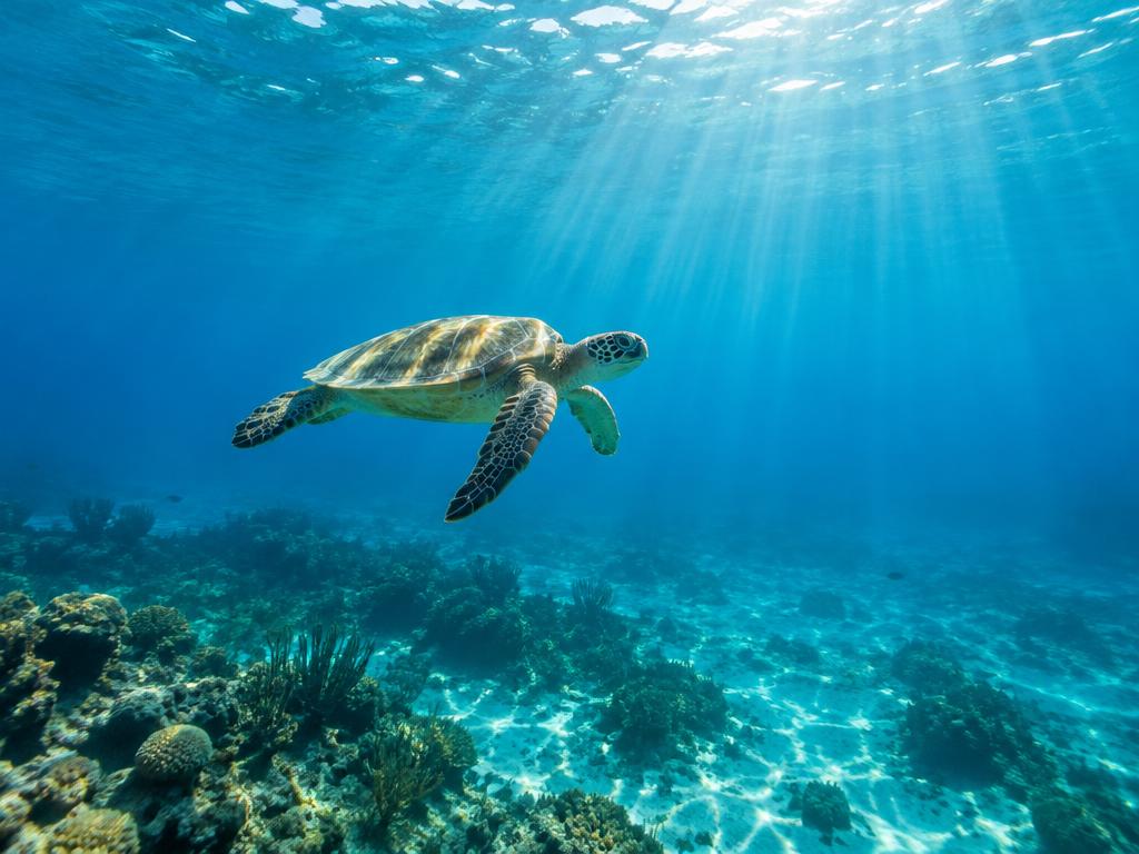 Sea turtle swimming in clear shallow Caribbean water off Curaçao