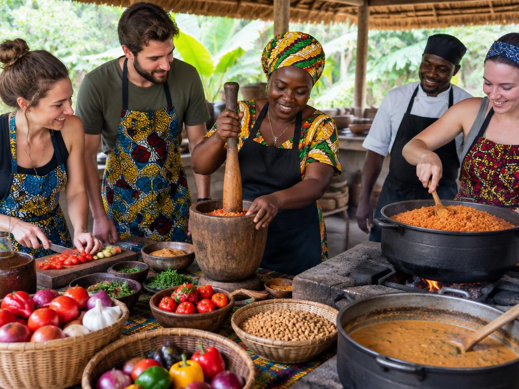 Ghanaian cooking class preparing jollof rice and groundnut soup