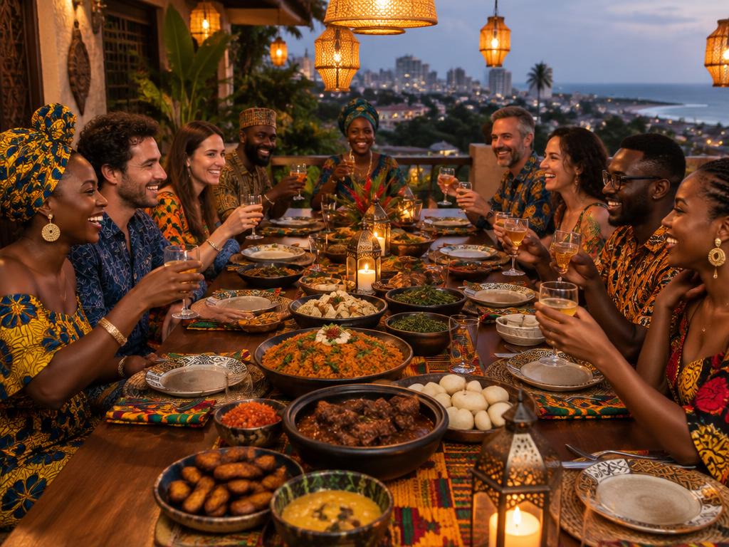 Farewell group dinner with Ghanaian dishes at a long candlelit table
