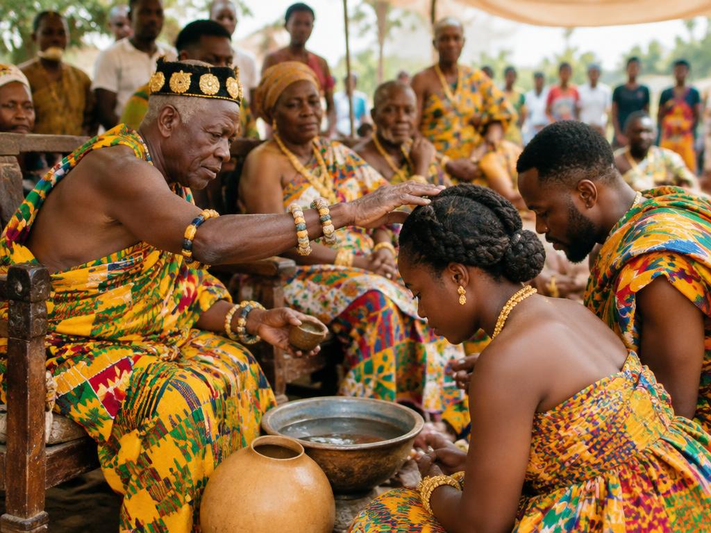 Ghanaian cultural naming ceremony with kente cloth and elders