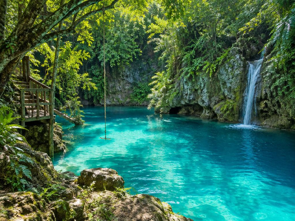 Turquoise natural blue hole swimming pool surrounded by Jamaican rainforest