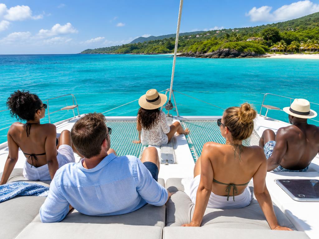 Group of adult travelers on a boat cruising the turquoise Caribbean water off Jamaica