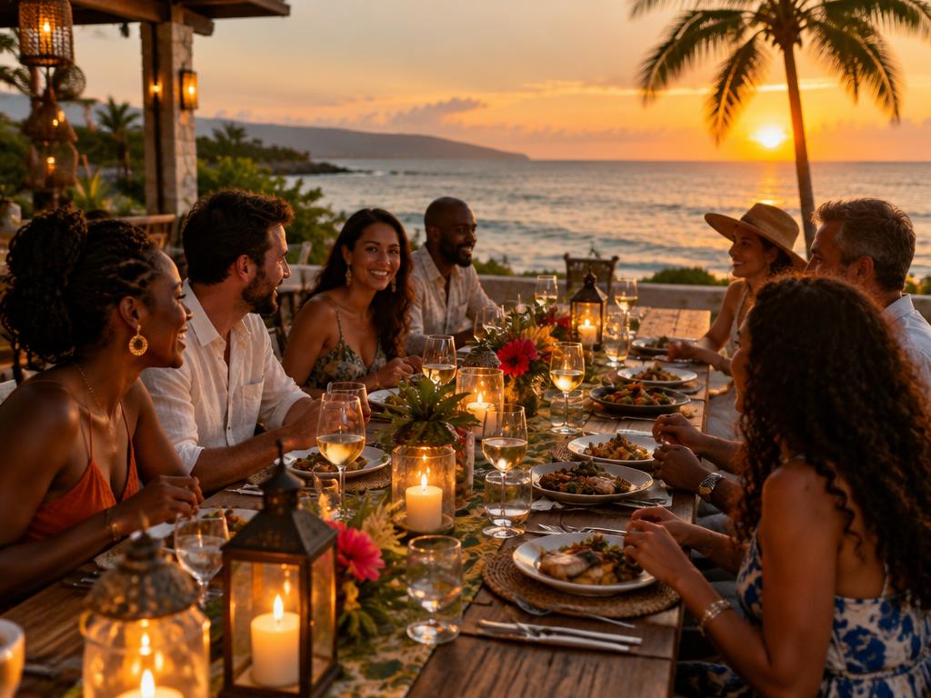 Farewell group dinner at a long candlelit table on a Jamaican beach at sunset