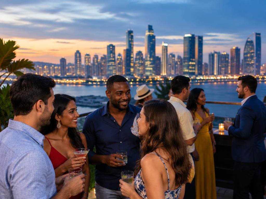 Welcome mixer with adult travelers gathering on a Panama City rooftop at dusk