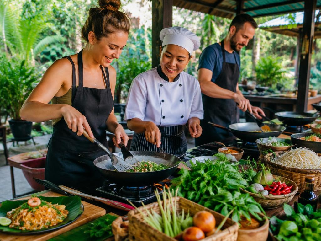Authentic Thai cooking class with fresh herbs and woks in an open-air kitchen