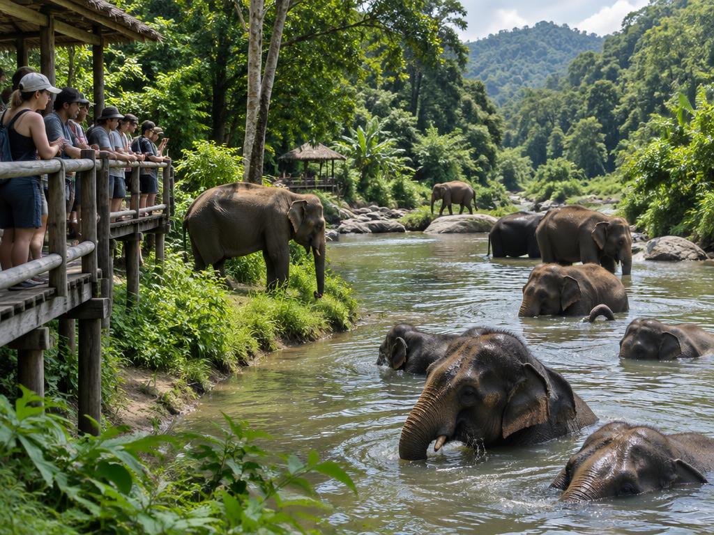 Elephants roaming and bathing freely at an ethical Thai sanctuary, observed from a walkway