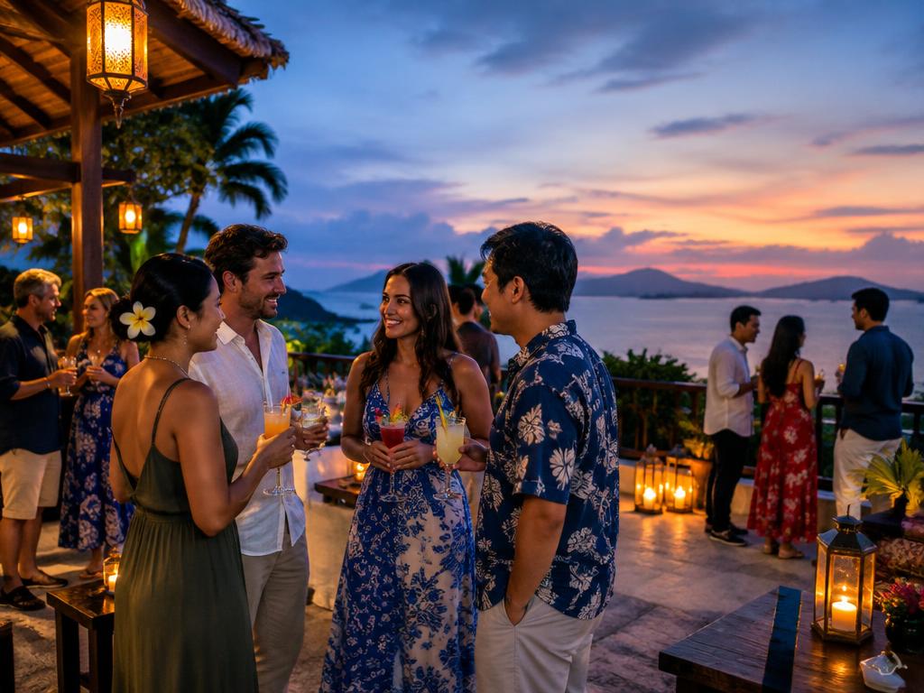 Welcome mixer with adult travelers on a lantern-lit Phuket terrace at sunset
