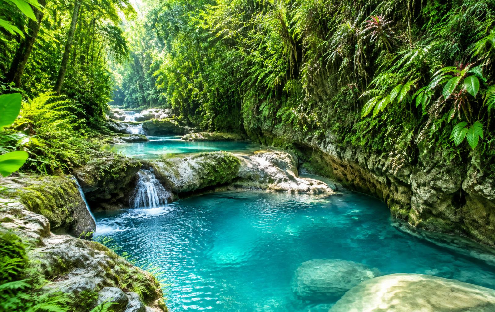 A lush Jamaican river gorge with turquoise natural swimming pools surrounded by rainforest