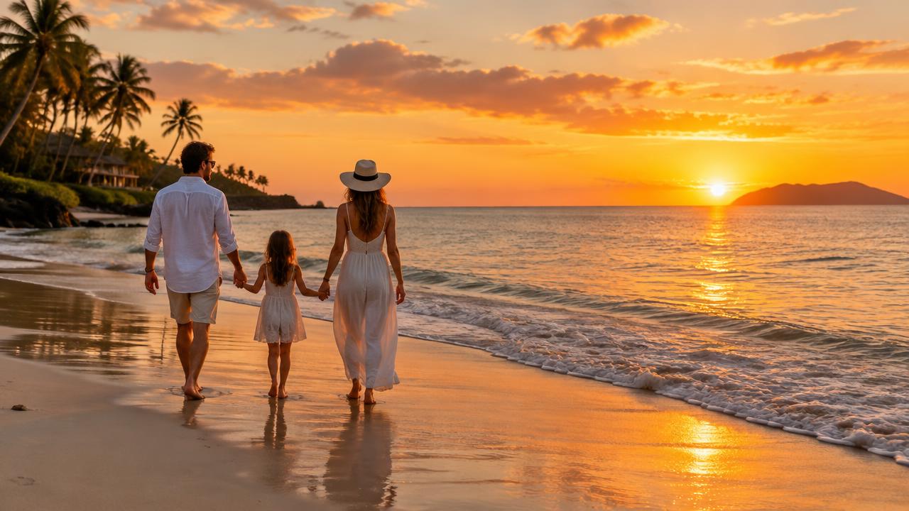 A family walking along the shoreline at sunset
