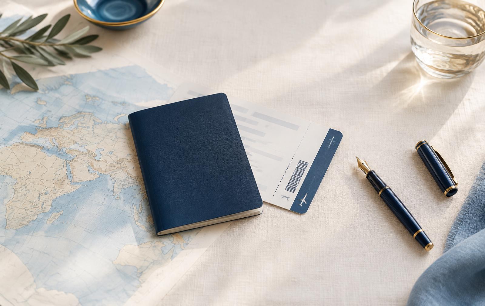Generic passport, boarding pass, map, and pen prepared for international travel